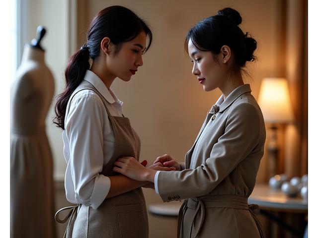 Nabi Artisan 아뜰리에에서 고객이 가봉 의상을 시착하며 디자이너와 조율하는 모습