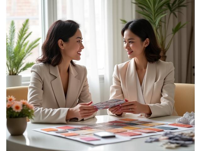 스타일 컨설턴트가 고객에게 컬러 팔레트를 보여주며 상담하는 모습