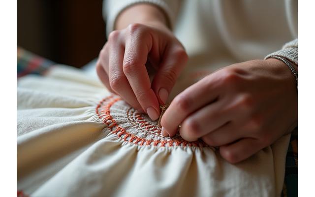 장인이 옷감에 자수를 수놓는 모습