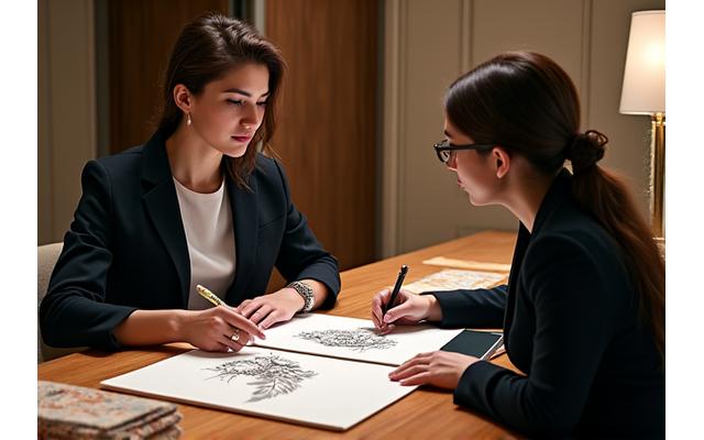 디자이너와 고객이 자수 도안을 상담하는 모습