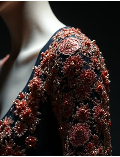 오뜨 꾸뛰르 컬렉션을 위한 화려한 손 자수 디테일