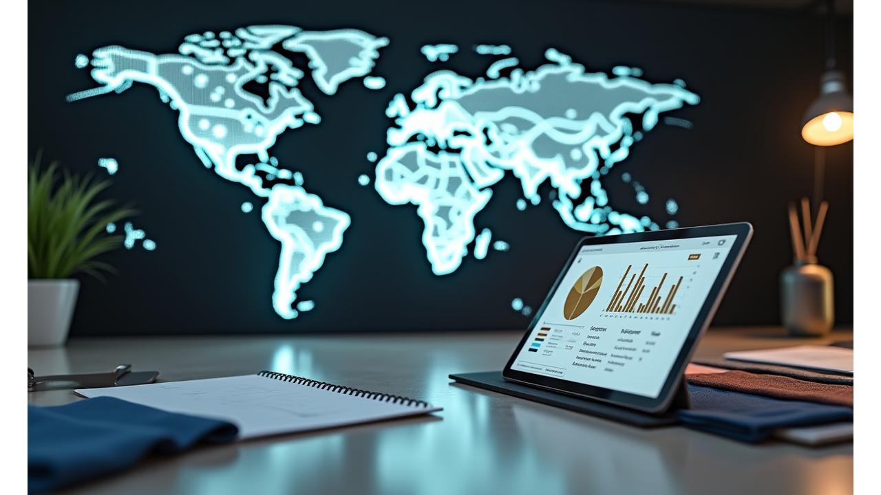 세계 지도를 배경으로 다양한 국가의 패션 아이콘과 비즈니스 차트가 놓인 테이블