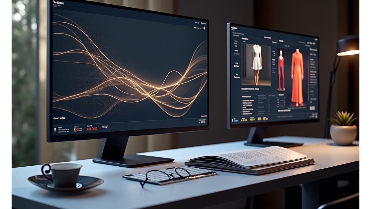 패션 트렌드 분석 보고서와 컬러 팔레트, 미래 디자인 스케치가 놓인 작업 공간