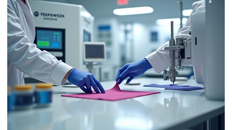 나비 아티산 품질 관리 연구실에서 직물 테스트 장비를 사용하는 모습