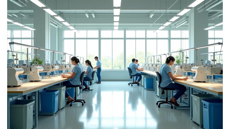 빛이 잘 드는 친환경 의류 공장에서 일하는 직원들