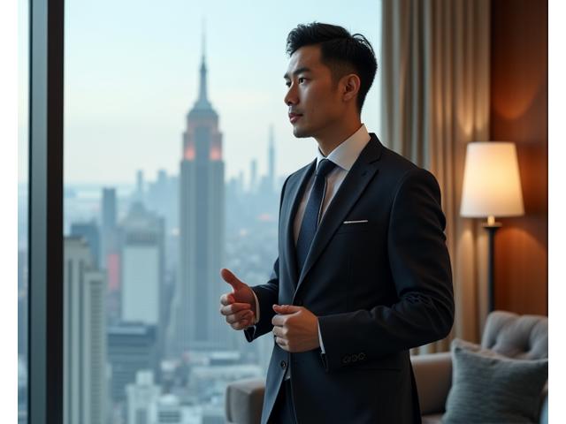 기업 행사에서 맞춤 수트를 입은 비즈니스 리더