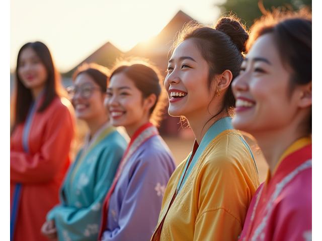 화려한 색상의 모던 한복을 입고 축제에서 즐거워하는 가족.