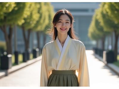 도심 공원에서 편안한 모던 한복을 입고 거니는 여성.