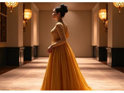 호화로운 연회장에서 고급스러운 원단의 포멀 한복 드레스를 입은 여성.