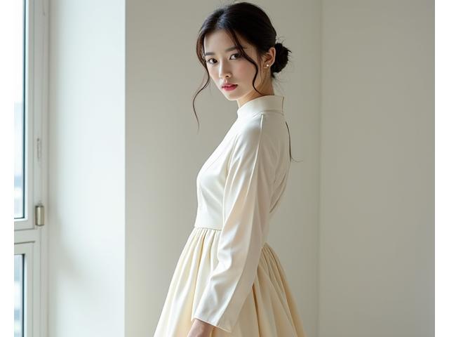 현대적인 실루엣과 고급스러운 원단으로 재해석된 한복 드레스를 입은 모델.