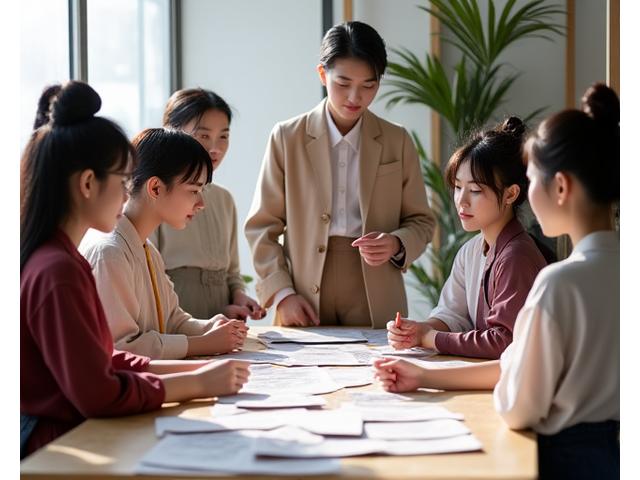 박물관에서 전통 한복 제작 과정을 배우는 현대 디자이너들.