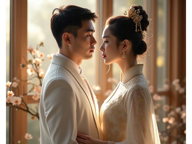 현대적인 웨딩 촬영 스튜디오에서 섬세한 자수와 비즈 장식이 돋보이는 신부 한복을 입은 커플.