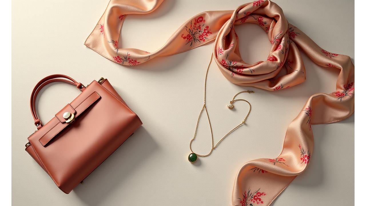 한국적인 문양이 새겨진 럭셔리 핸드백, 실크 스카프, 섬세한 주얼리가 조화롭게 어우러진 모습